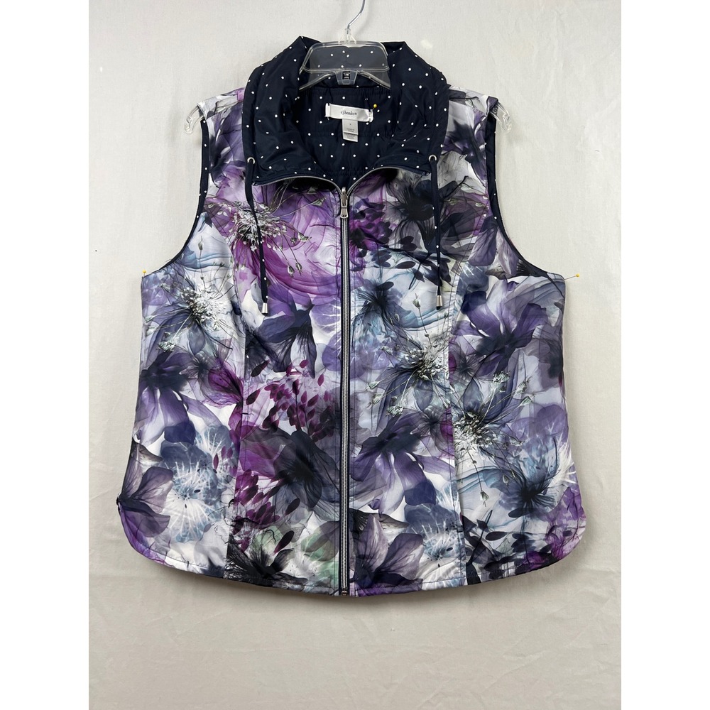 CJ Banks Puffer Vest Womens X Purple Floral Navy Polka Dot Reversible Zip Up